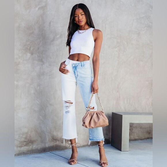 Vervet High Rise Cross Over Two Toned Jeans Rigid Denim Fray Hem Crop Flare 28 - Picture 1 of 16